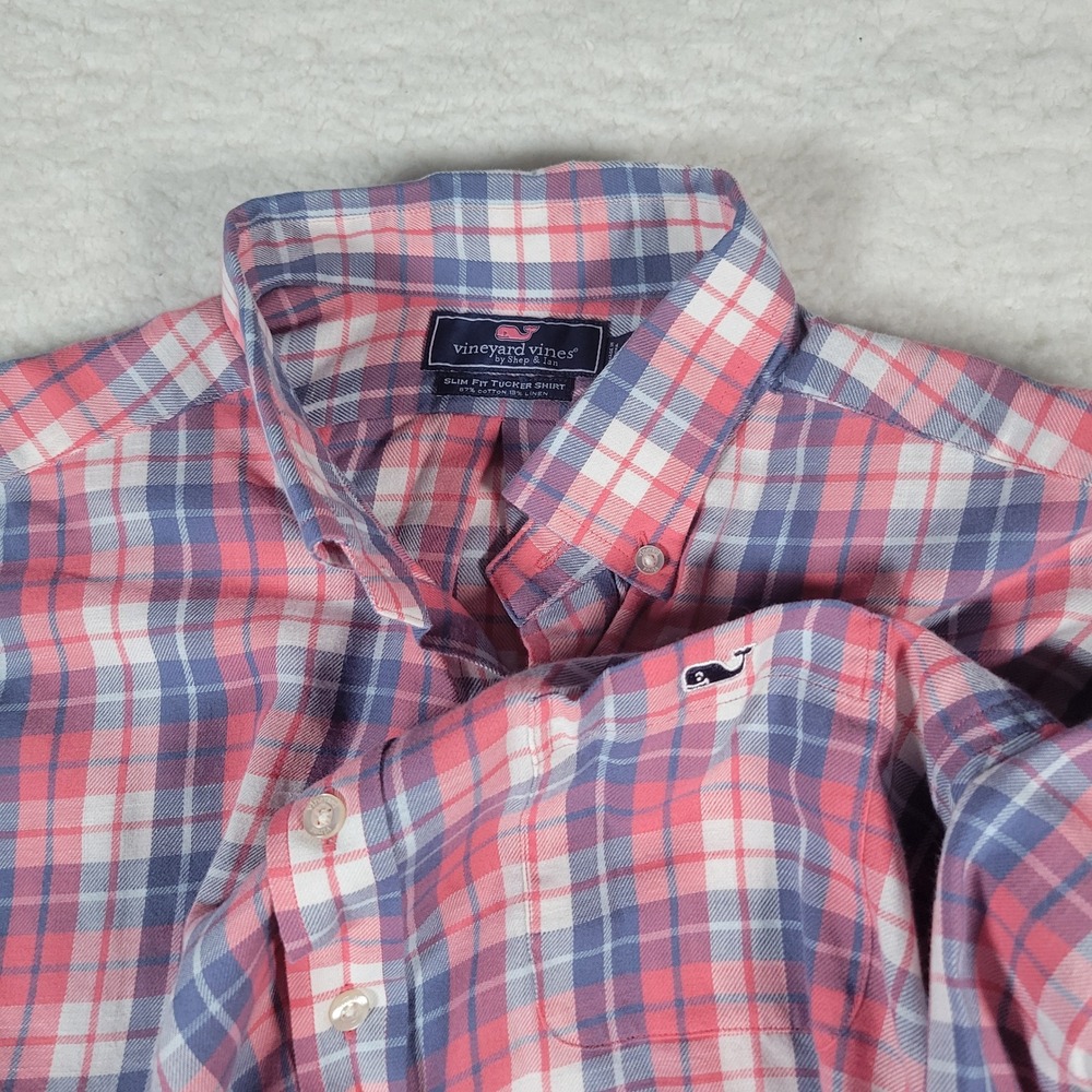 Vineyard Vines Tucker Shirt Mens Large Pink Blue Plaid Slim Fit Cotton Linen